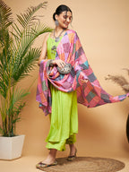 InWeave Women's Lime Green Strappy Set W Square Bandhani Print Silk Dupatta | Grocsy