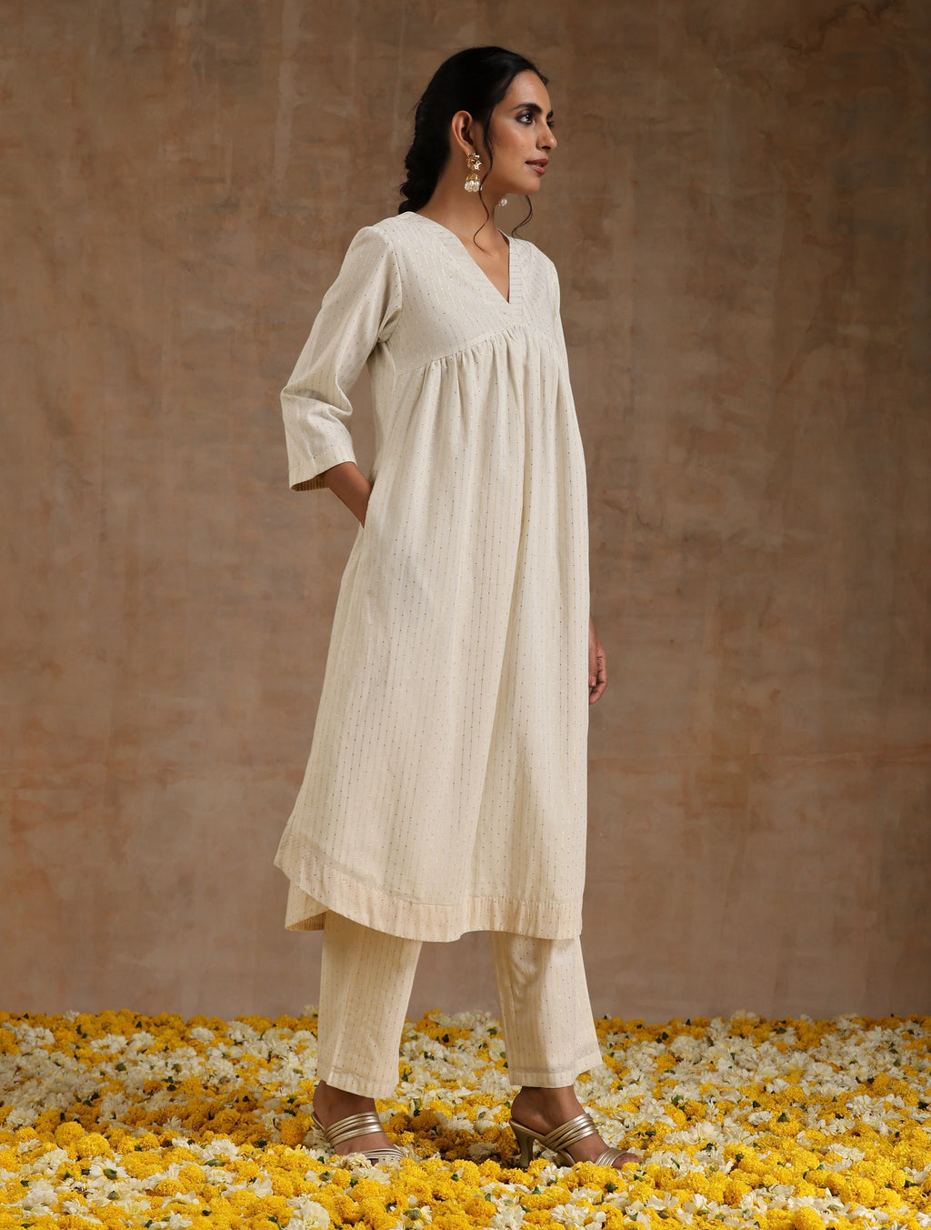 trueBrowns Ivory Gold Cotton Flared Kurta Set | Grocsy