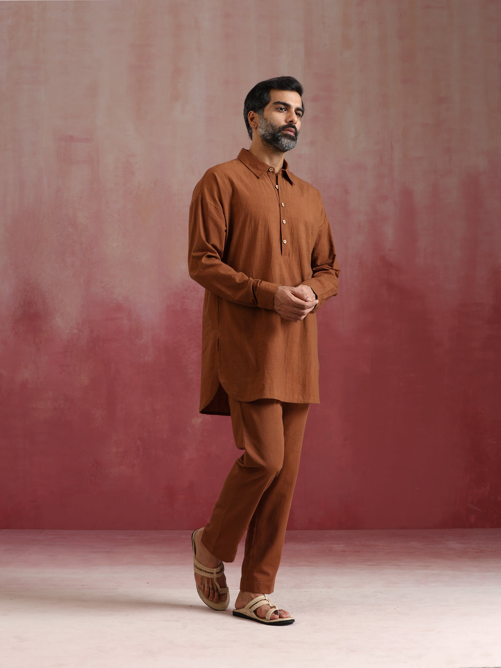 trueBrowns Men's Brown Cotton Shirt Collar Stylized Kurta Co-ord set | Grocsy