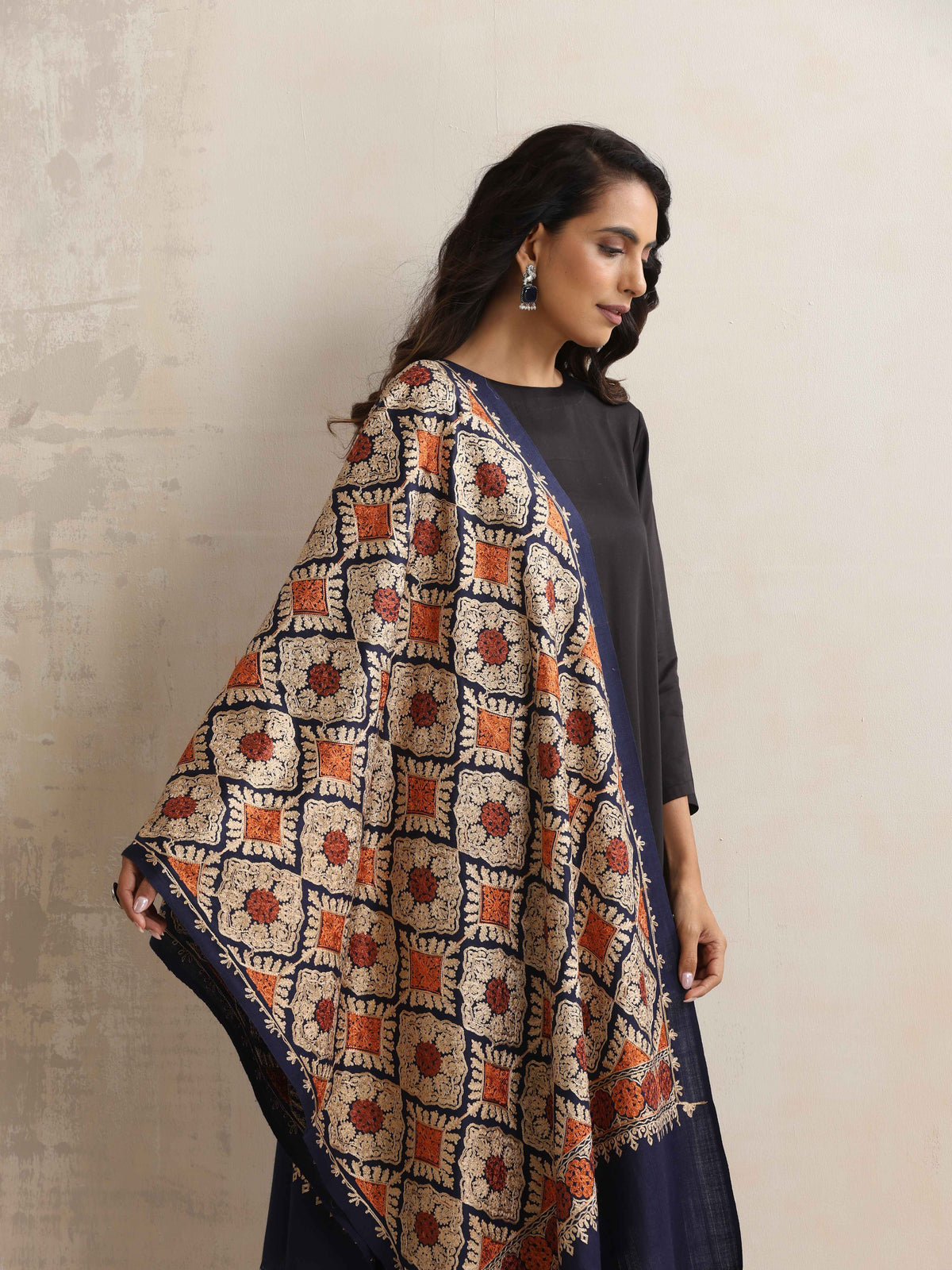 trueBrowns Navy Blue Embroidered Woollen Stole | Grocsy