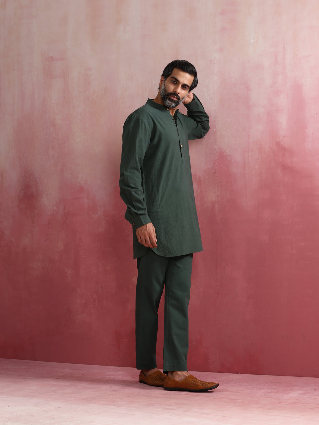 trueBrowns Men's Green Cotton Mandarin Collar Kurta Co-ord set | Grocsy