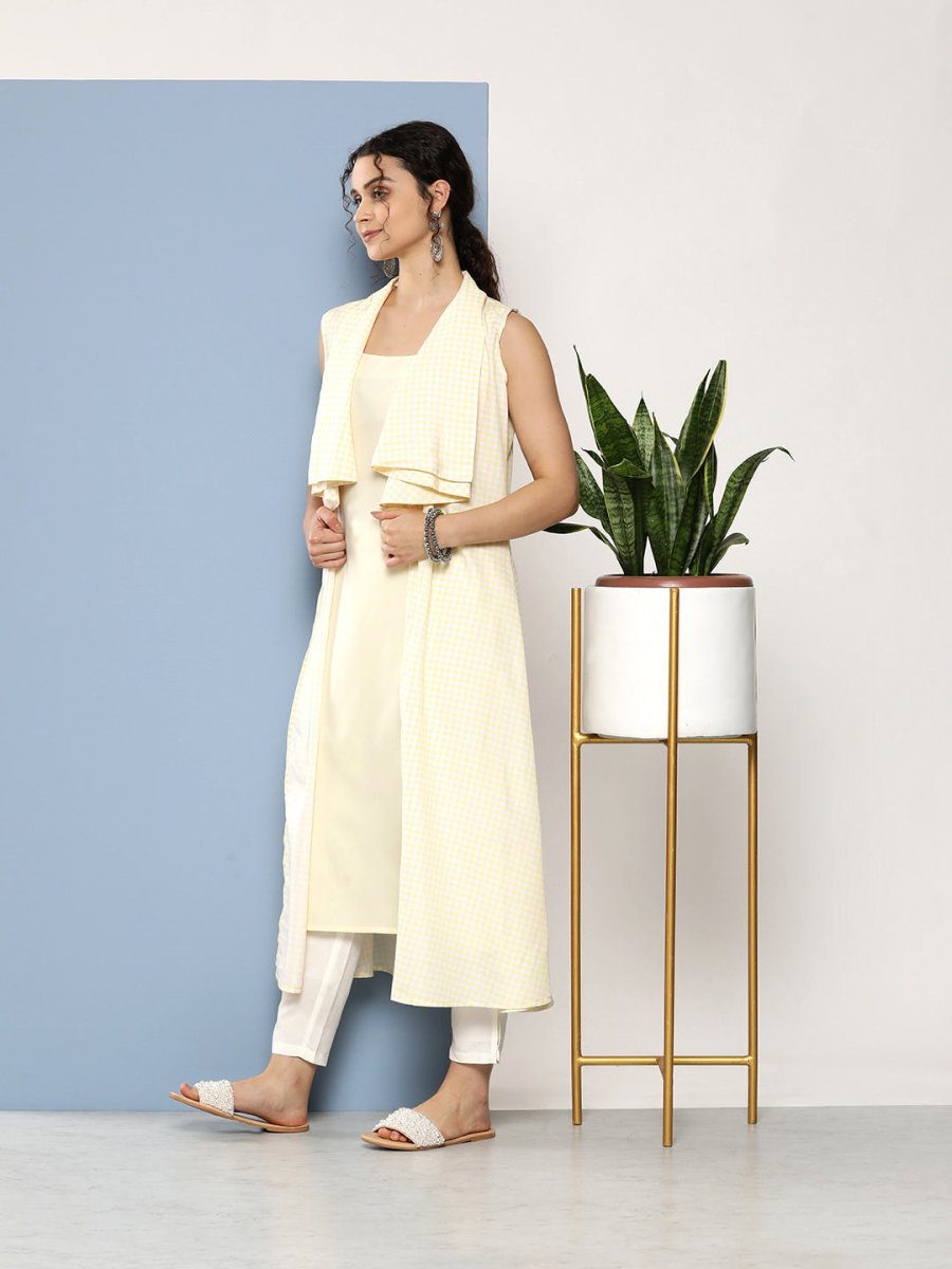 Ahalyaa Women White & Yellow Checked Crepe Kurta | Grocsy