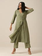 trueBrowns Sage Slub Texture Angrakha Pant Set | Grocsy