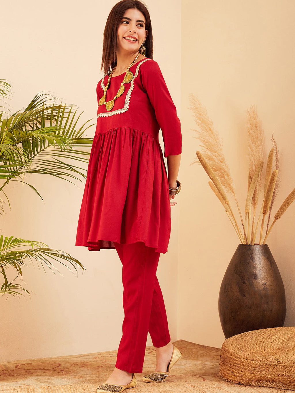 InWeave Women's Maroon Round Neck Square Gota Work Kurta Pant Set | Grocsy