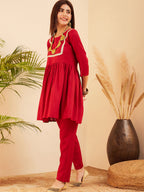 InWeave Women's Maroon Round Neck Square Gota Work Kurta Pant Set | Grocsy