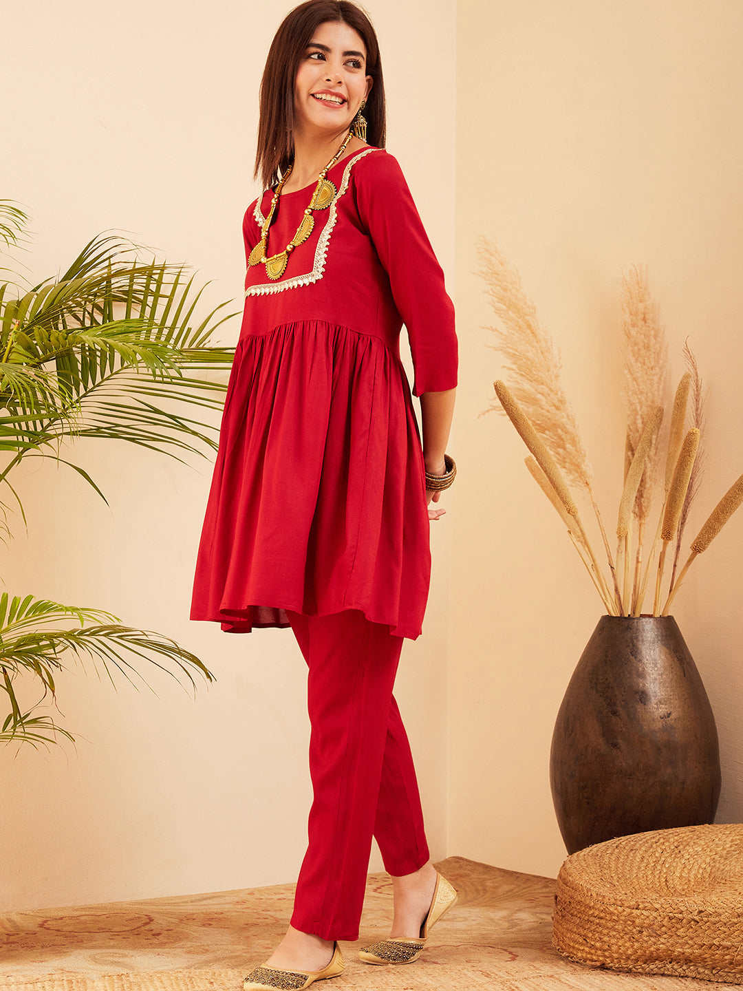 InWeave Women's Maroon Round Neck Square Gota Work Kurta Pant Set | Grocsy