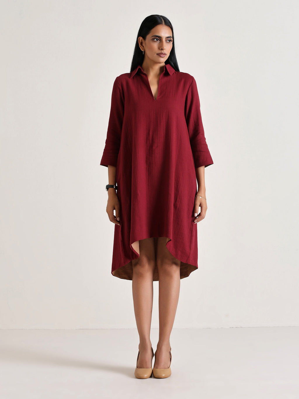 trueBrowns Maroon Short Collared Dress | Grocsy