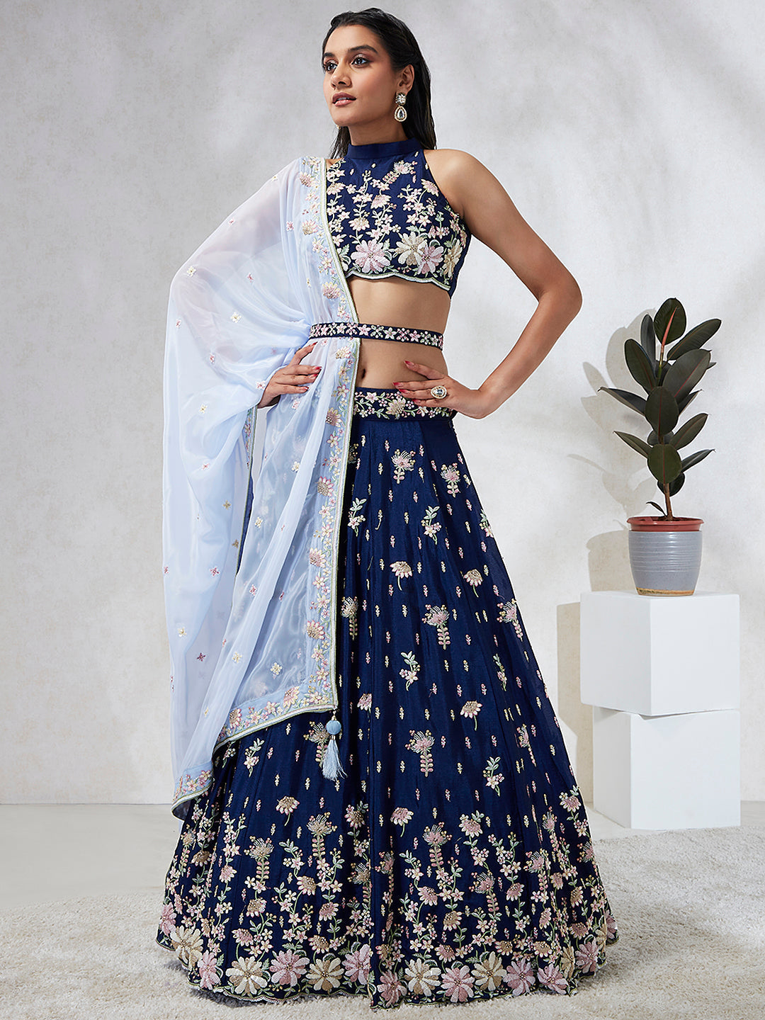 House of Panchhi Navy Blue Pure Georgette Sequins And Thread Embroidery Lehenga Choli & Dupatta | Grocsy