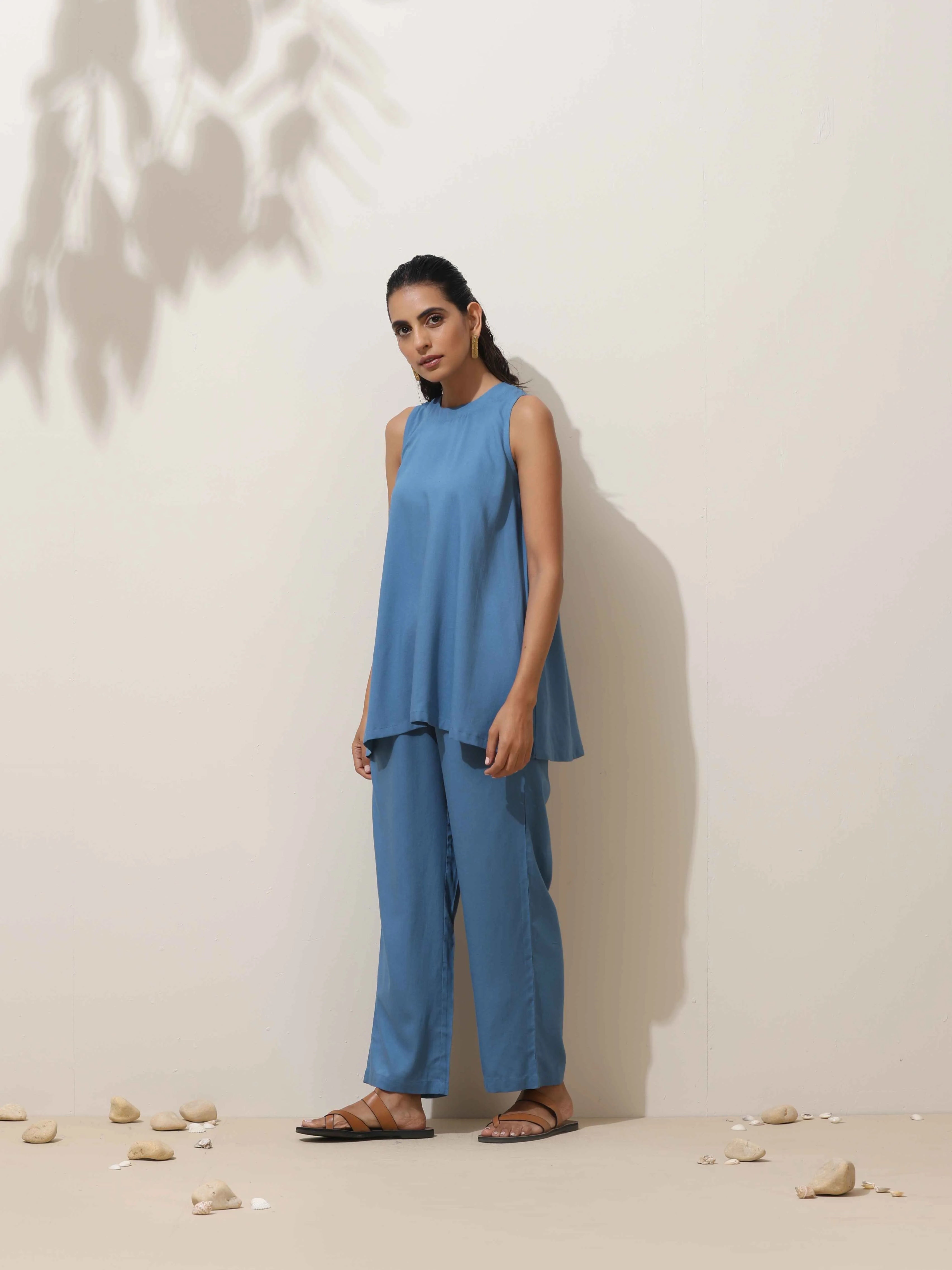 trueBrowns Blue Viscose Solid Co-ord Set | Grocsy