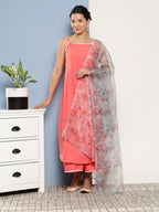 InWeave Women's Peach Cr Strappy Set With White Organza Dupatta | Grocsy