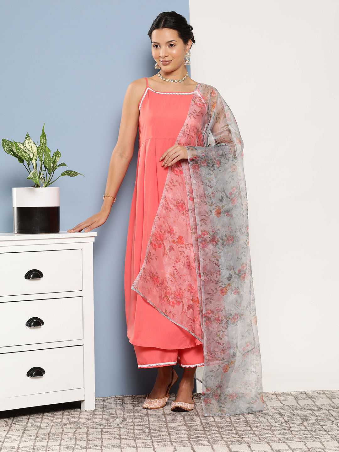 InWeave Women's Peach Cr Strappy Set With White Organza Dupatta | Grocsy
