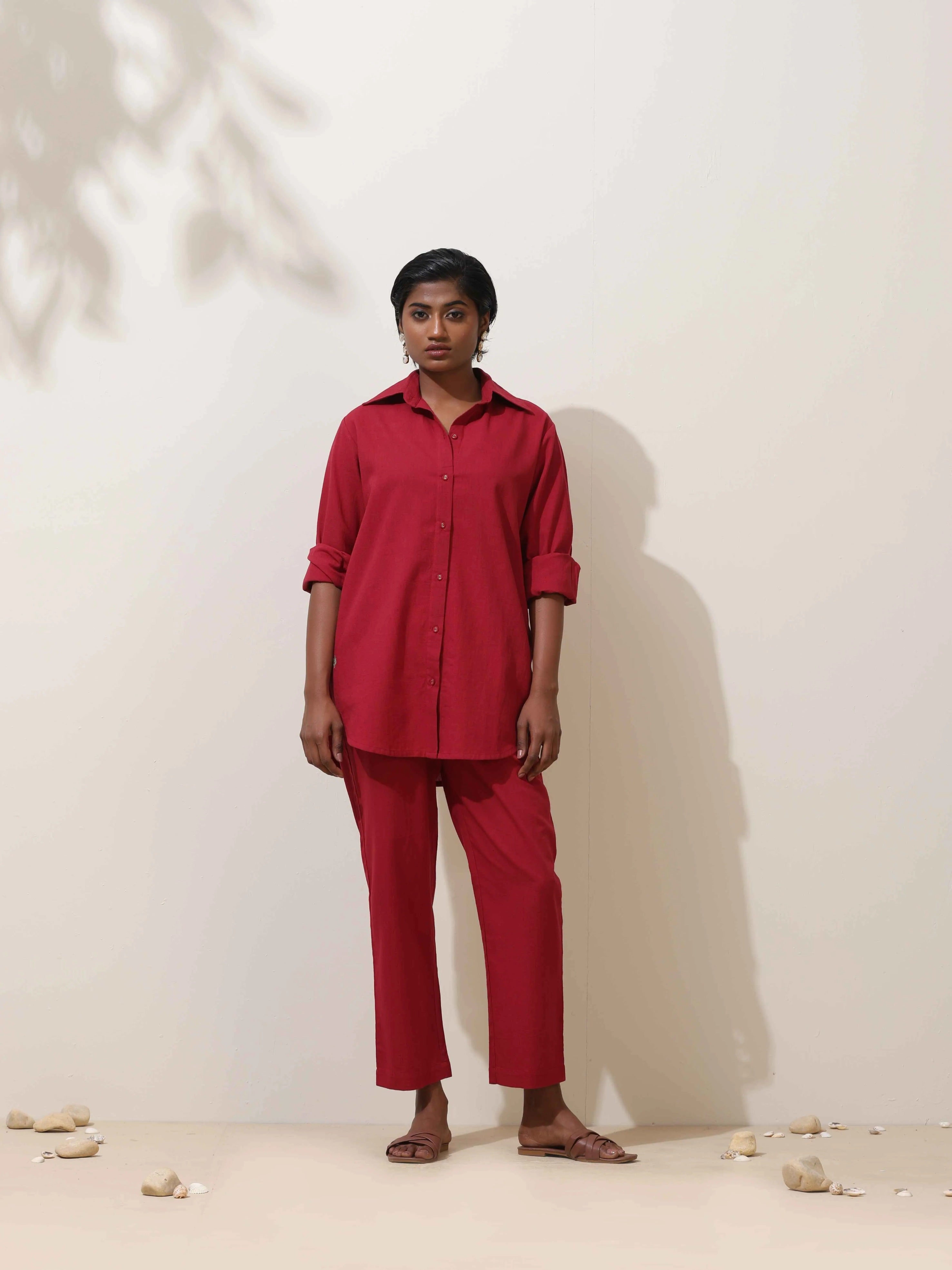 trueBrowns Maroon Cotton Linen Co-Ord Set | Grocsy