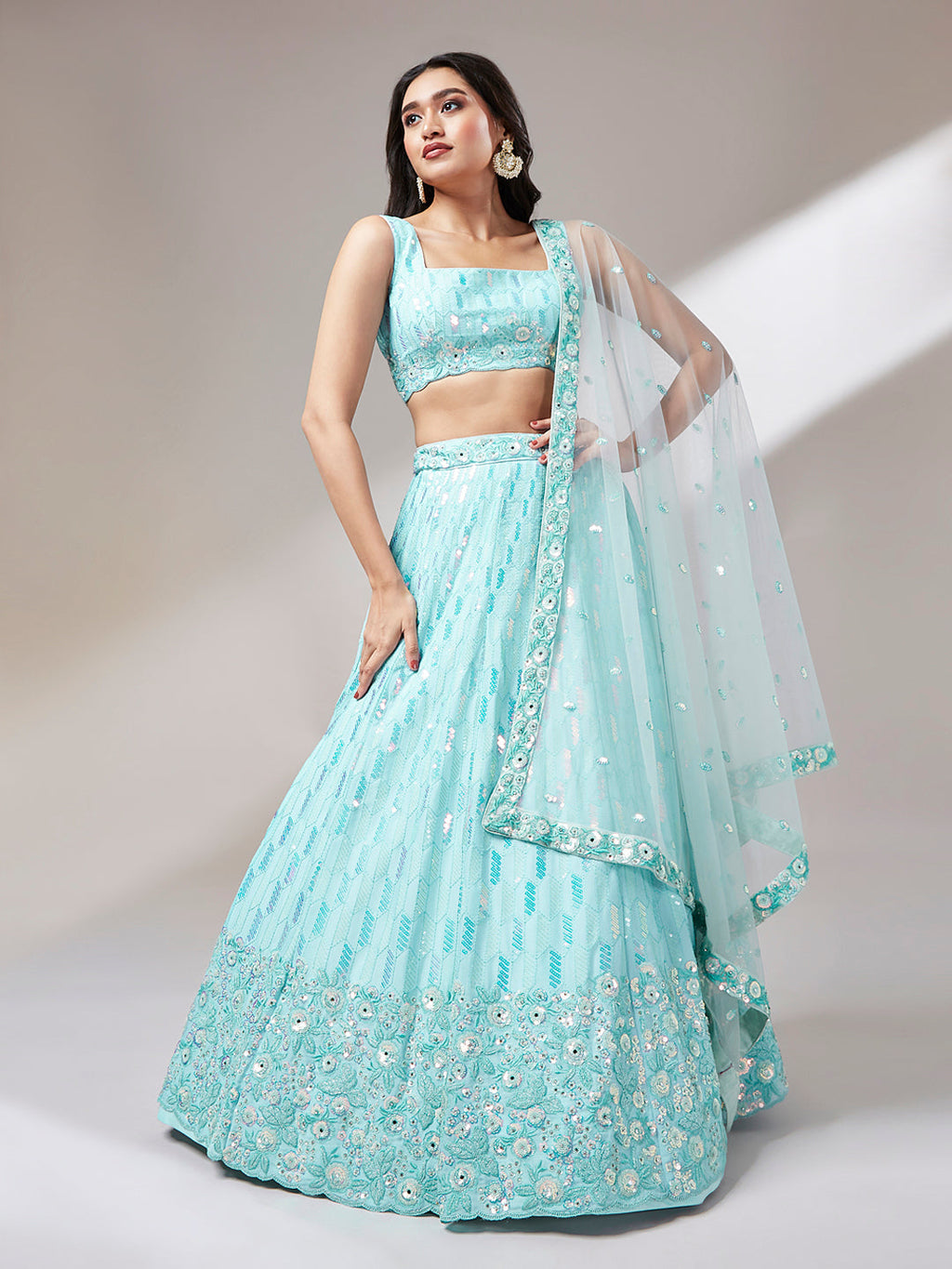 House of Panchhi Turquoise Blue Georgette Sequinse Embroidery Lehenga Choli & Dupatta | Grocsy