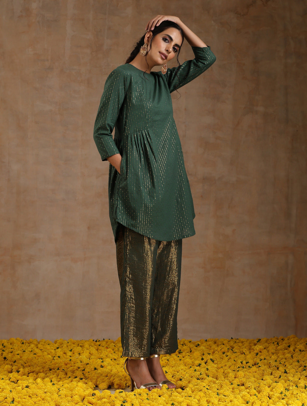 trueBrowns Dark Green Gold Cotton Side Gather Co-Ord Set | Grocsy