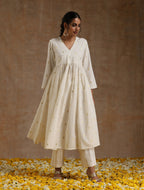 trueBrowns Ivory Gold Cotton Kalidar Kurta Set | Grocsy