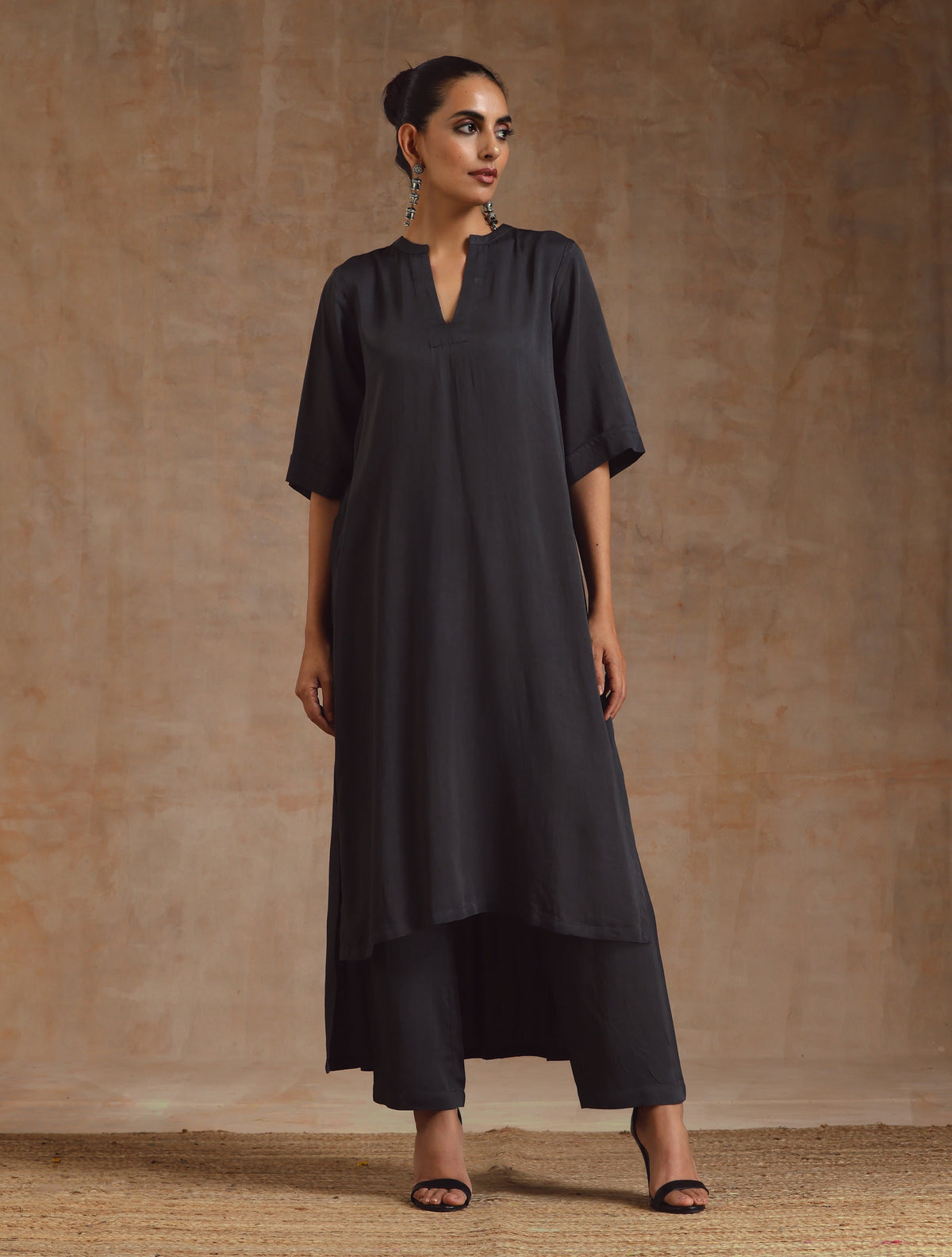 trueBrowns Grey Modal Satin High-Low Relax Kurta Set | Relove | Grocsy