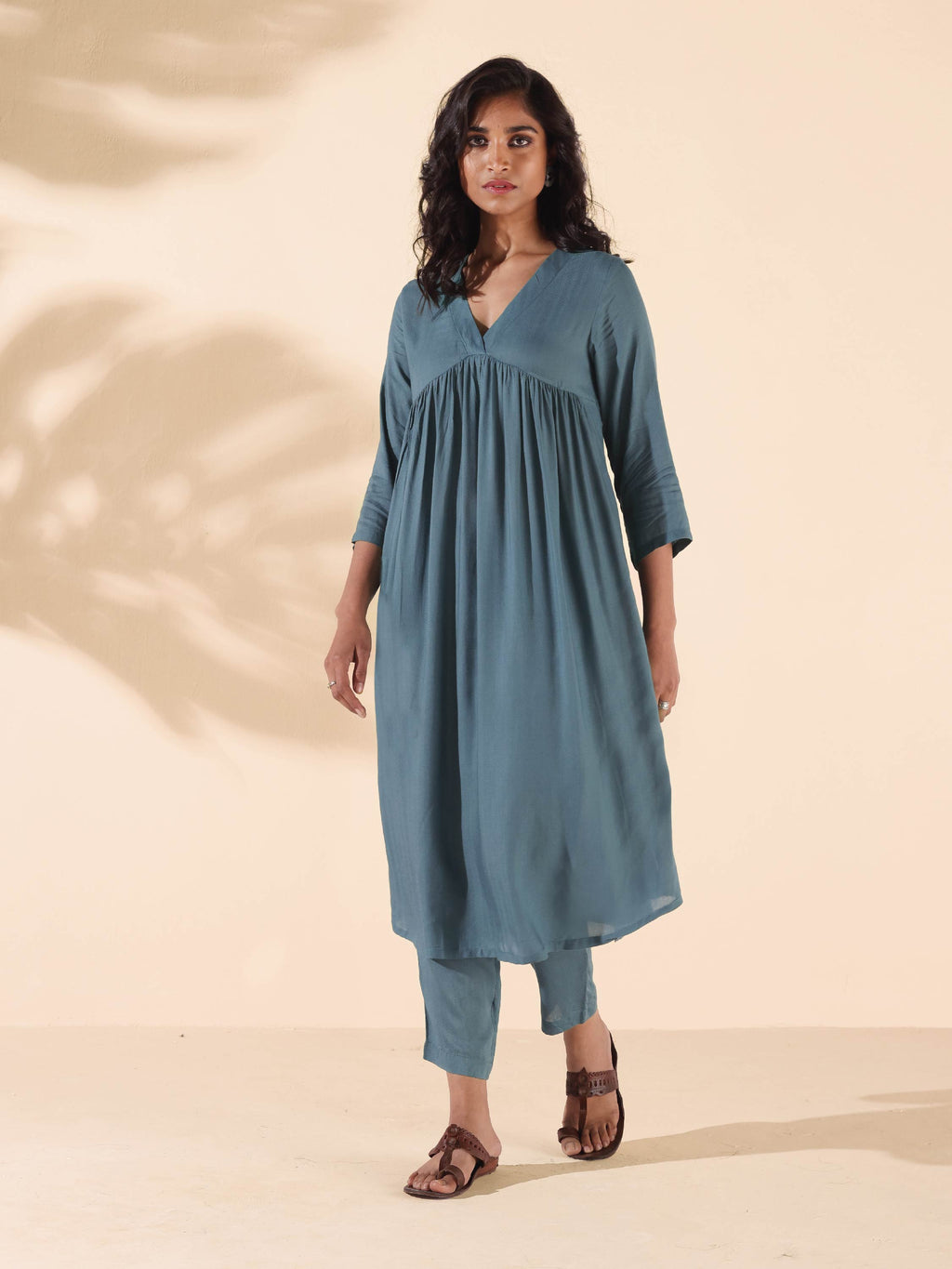 trueBrowns Turquoise Viscose Dobby Flared Kurta Pant Set | Grocsy