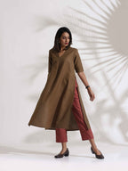 trueBrowns Brown Slub Highslit Kurta Set | Grocsy