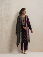 trueBrowns Purple Velvet Embroidered Kurta Pant Dupatta Set | Grocsy