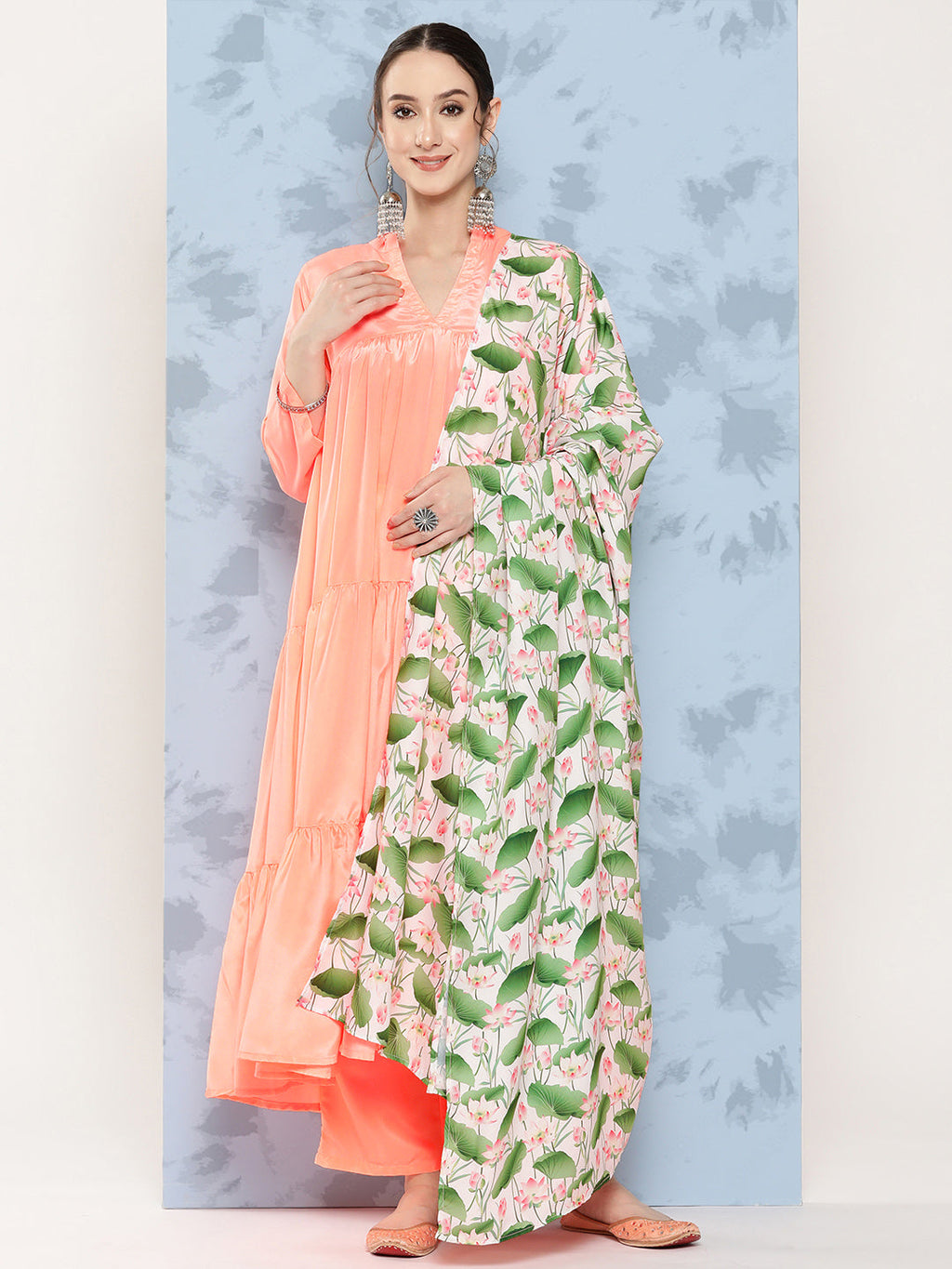 InWeave Women's Peach Tiered Kurta Set With White Pink Lotus Cr Dupatta | Grocsy