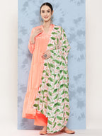 InWeave Women's Peach Tiered Kurta Set With White Pink Lotus Cr Dupatta | Grocsy