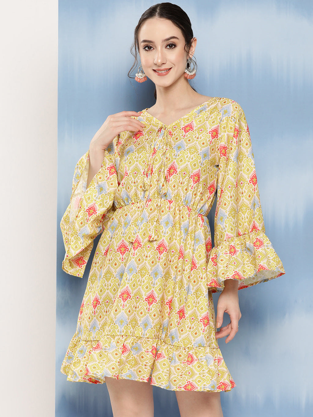 InWeave Women's Yellow Orange Ikkat Print Short Dress | Grocsy