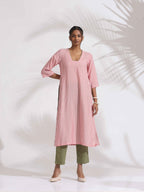 trueBrowns Red Cotton Stripe Straight Kurta Set | Grocsy