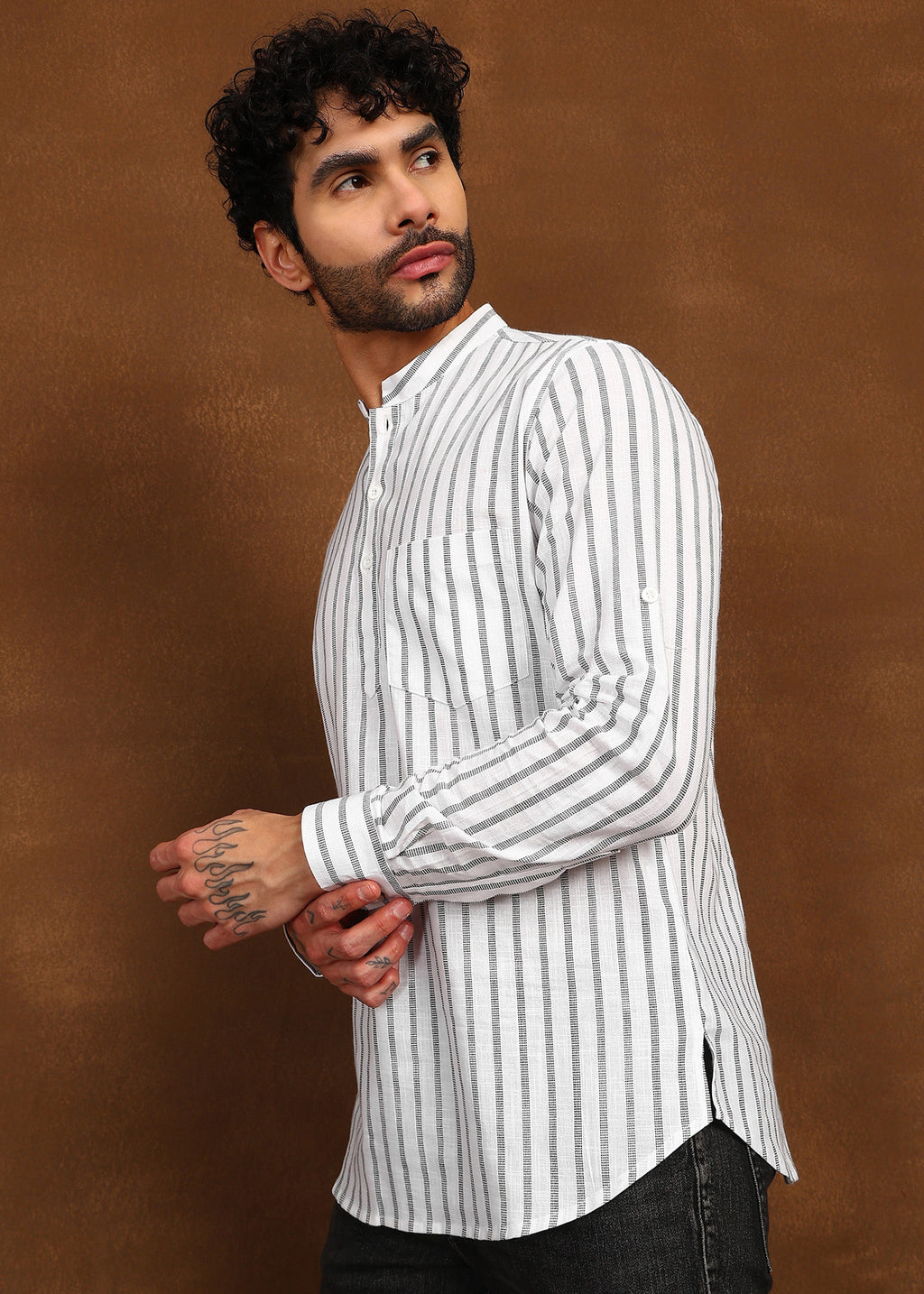 Fabmade Driftline Stripe Linen Short Kurta | Grocsy