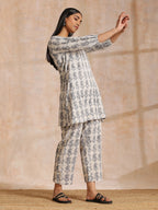 trueBrowns Grey Dabu Buta Print Cotton V-Square Neck Co-Ord Set | Grocsy