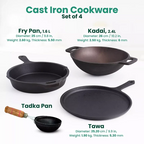 The Indus Valley CASTrong Cast Iron Cookware Set: Tadka Pan + Cast Iron Tawa With Handle (Pre Seasoned) + Cast Iron Kadai Wok Model + Cast Iron Fry Pan, Kitchen set for Home, 100% Pure, Toxin-free | Grocsy