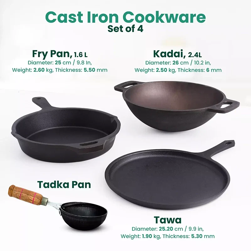 The Indus Valley CASTrong Cast Iron Cookware Set: Tadka Pan + Cast Iron Tawa With Handle (Pre Seasoned) + Cast Iron Kadai Wok Model + Cast Iron Fry Pan, Kitchen set for Home, 100% Pure, Toxin-free | Grocsy