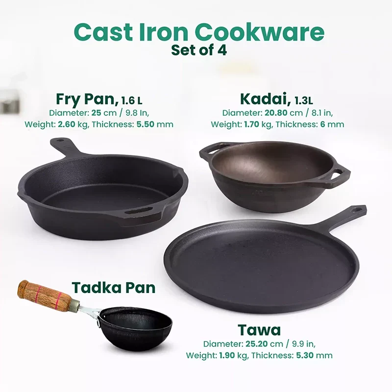 The Indus Valley CASTrong Cast Iron Cookware Set: Tawa + Fry Pan + Wok Kadai, Kitchen set for Home, Pre-seasoned,100% Pure Cast Iron Cookware,Toxin-free Pots and Pans,Tadka Pan | Grocsy