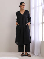 trueBrowns Black Dobby Flared Slit Kurta Pant Set | Grocsy