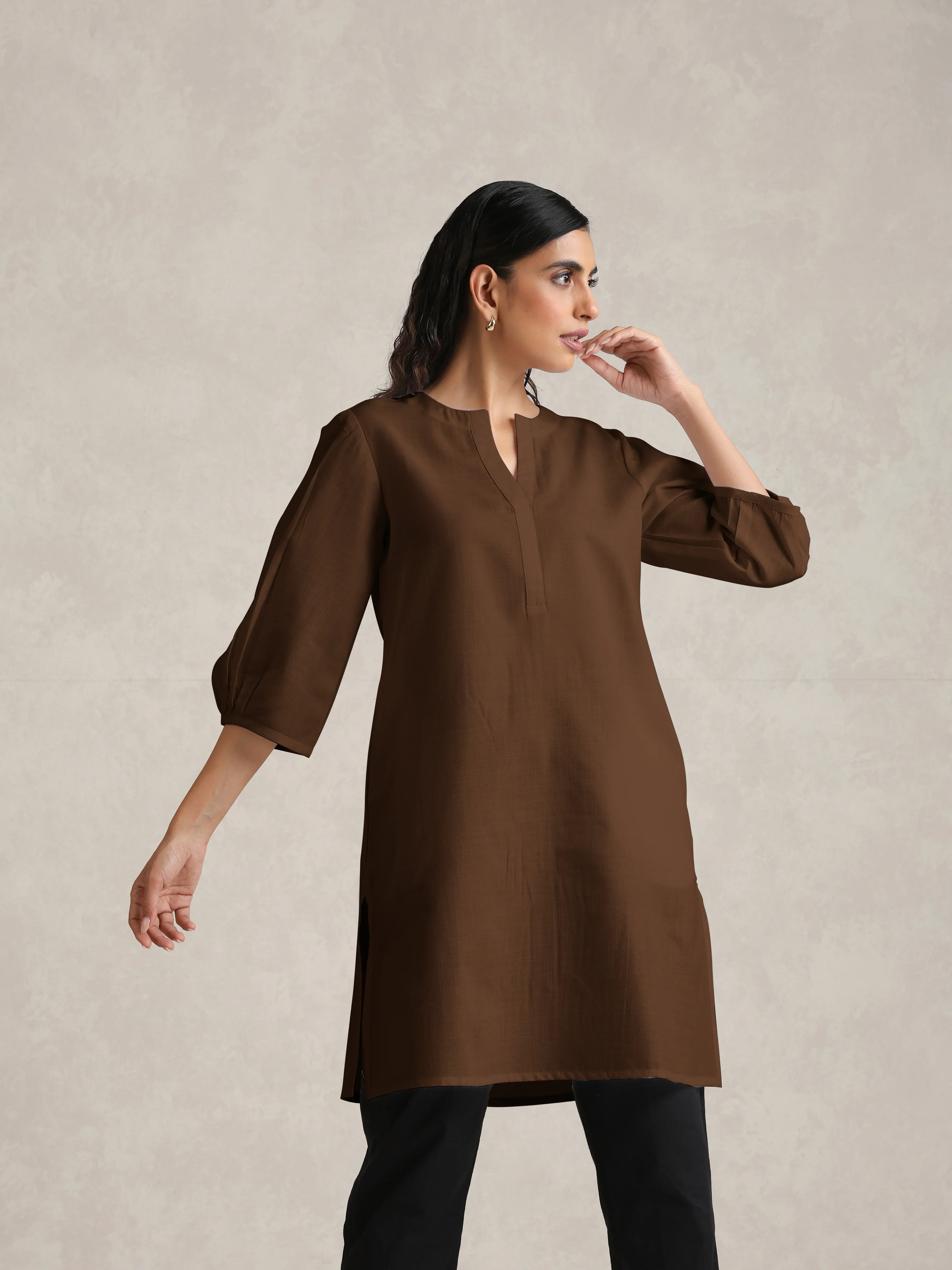 trueBrowns Brown Cotton Blend Short Kurta | Grocsy