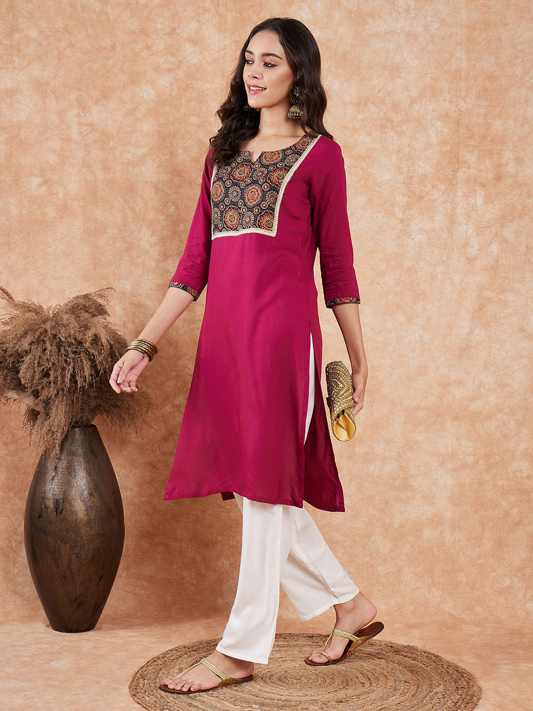 InWeave Women's Wine Printed Neck Patch Work Straight Kurta | Grocsy