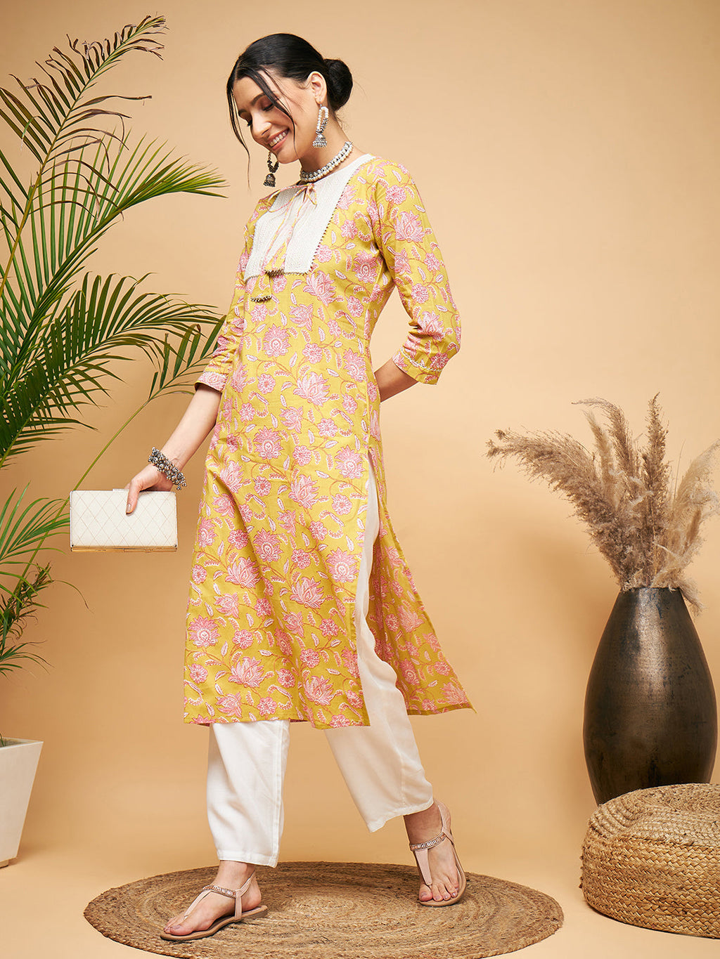 InWeave Women's Lime Pink Print Patch Cotton Straight Kurta | Grocsy