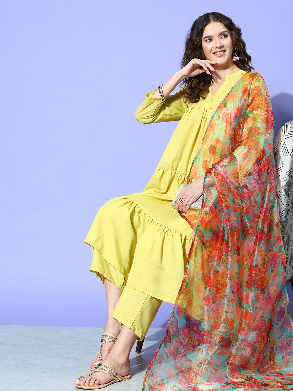 InWeave Women's Lime Green Flared Kurta Set With Green Organza Dupatta | Grocsy