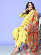 InWeave Women's Lime Green Flared Kurta Set With Green Organza Dupatta | Grocsy