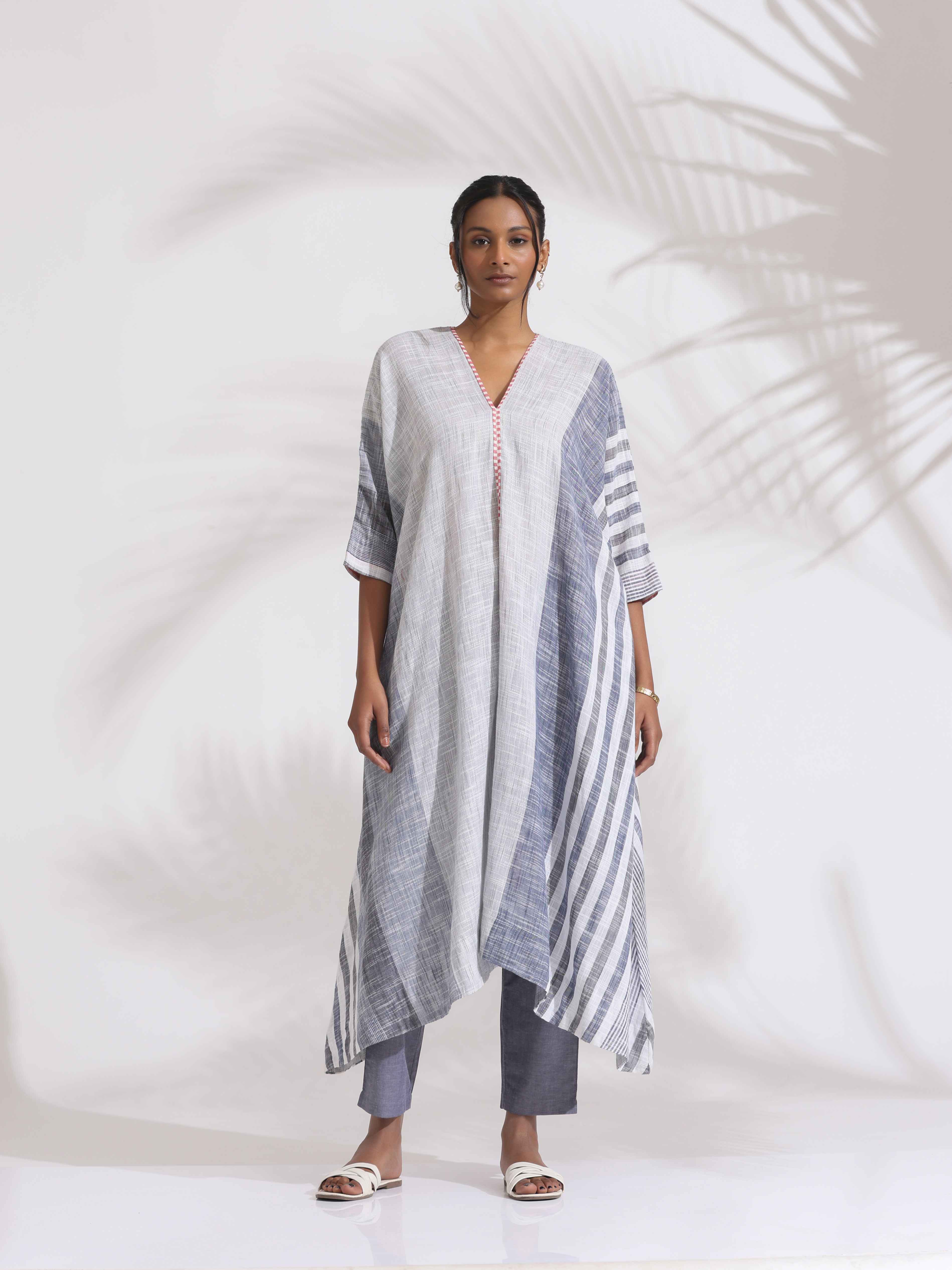 trueBrowns Off-White Cotton Multi Stripe Flared Kurta Set | Grocsy