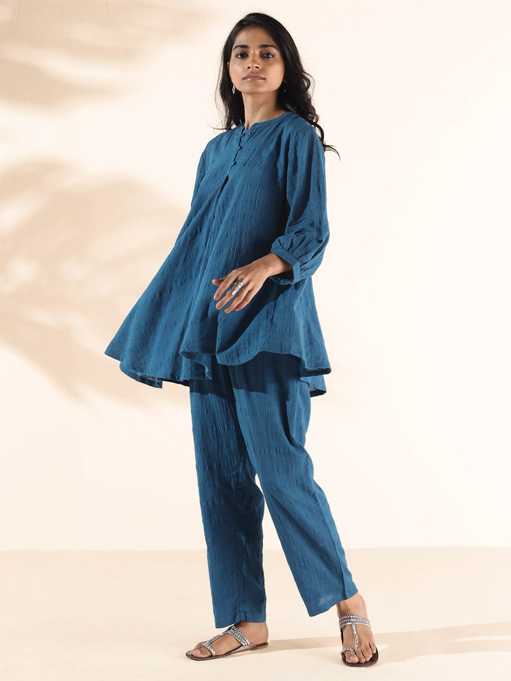 trueBrowns Blue Cotton Dobby Yoke Co-ord Set | Grocsy