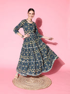 InWeave Women's Blue Ikkat Print Tiered Dress With Lace | Grocsy