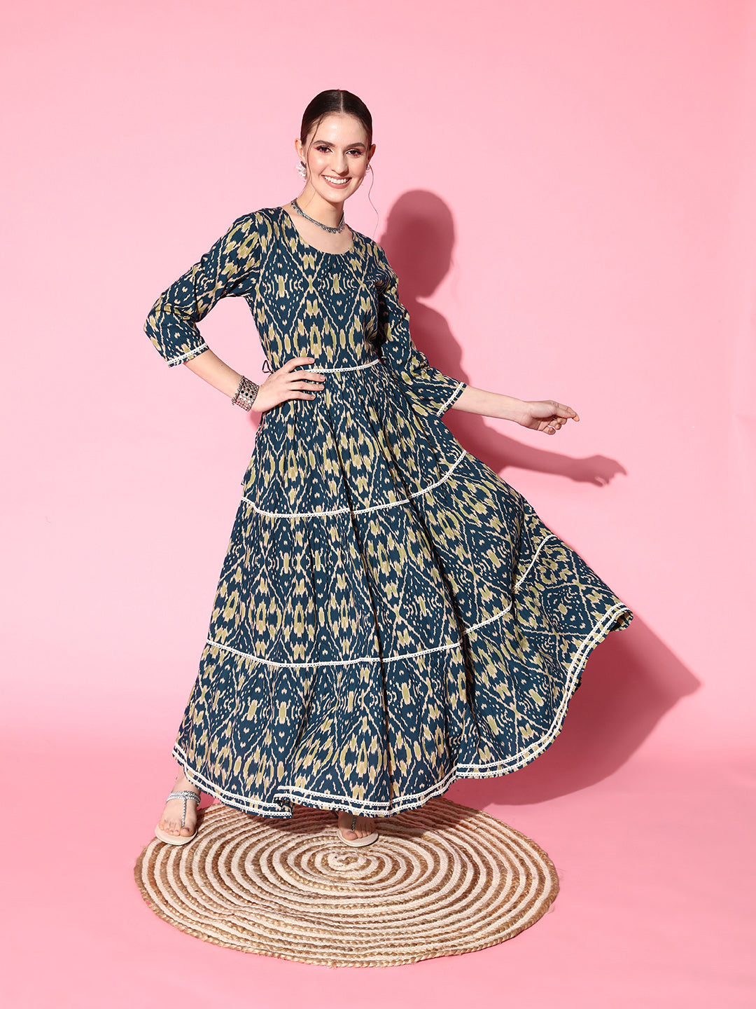 InWeave Women's Blue Ikkat Print Tiered Dress With Lace | Grocsy