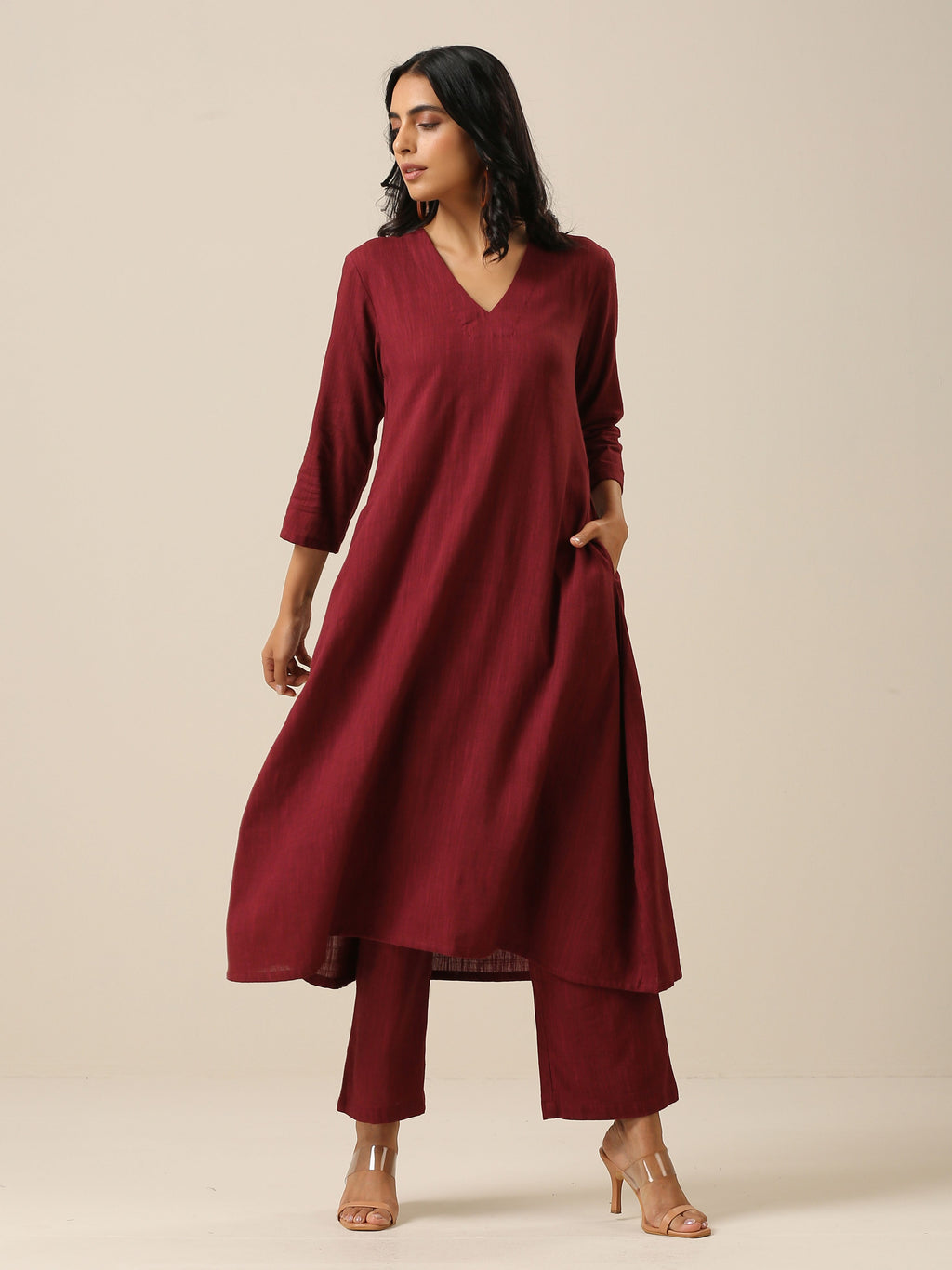 trueBrowns Ruby Wine Slub Texture Back Pleat Kurta Pant Set | Grocsy