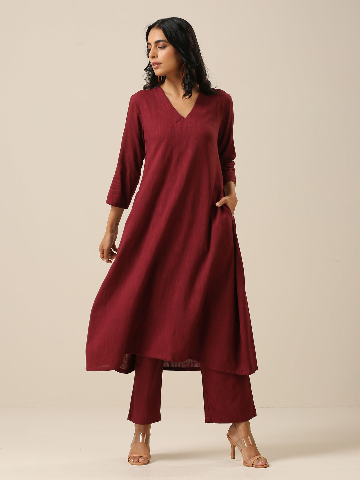 trueBrowns Ruby Wine Slub Texture Back Pleat Kurta Pant Set | Grocsy