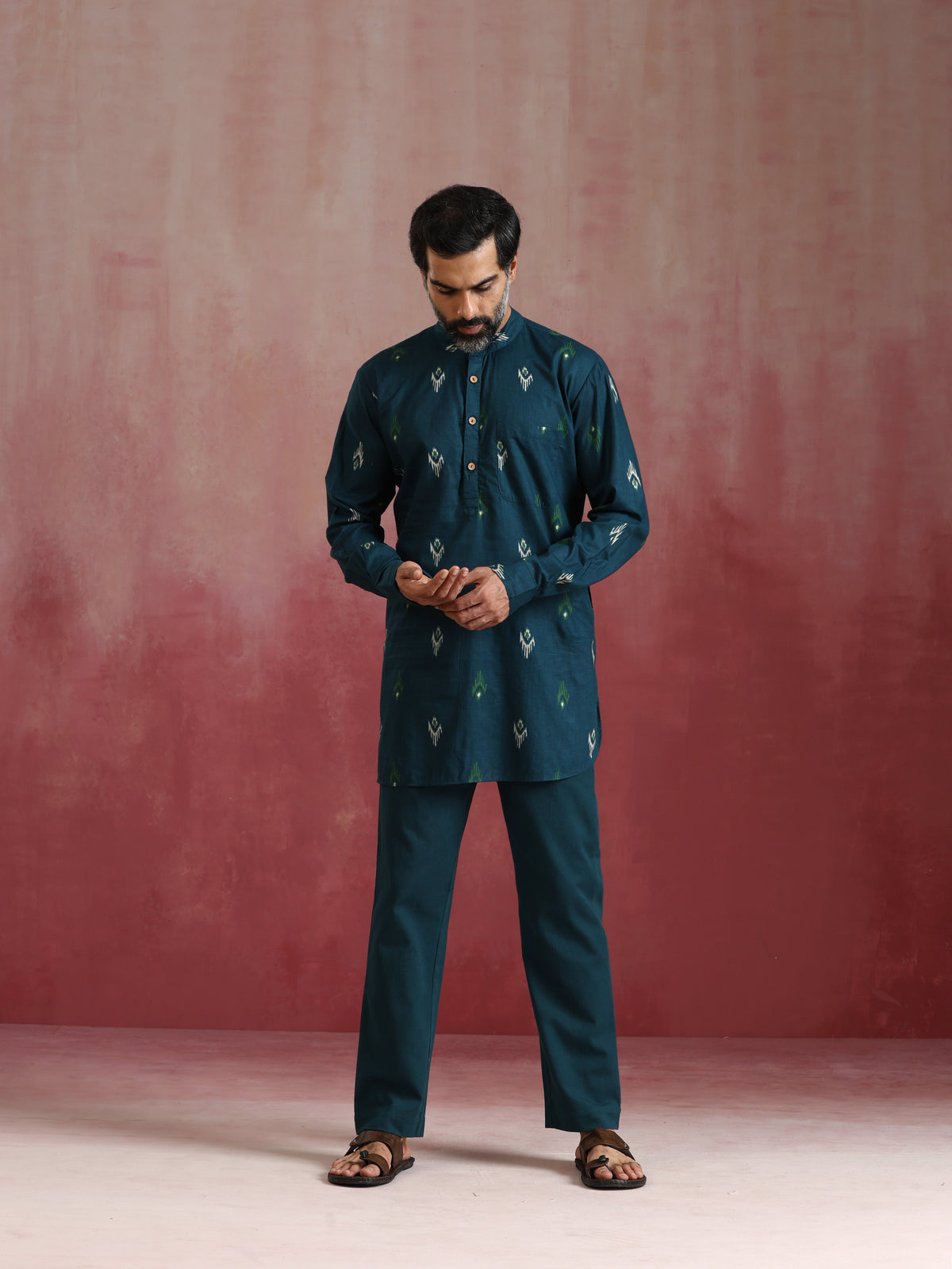 trueBrowns Men's Blue Ikat Print Mandarin Collar Kurta Co-ord set | Grocsy