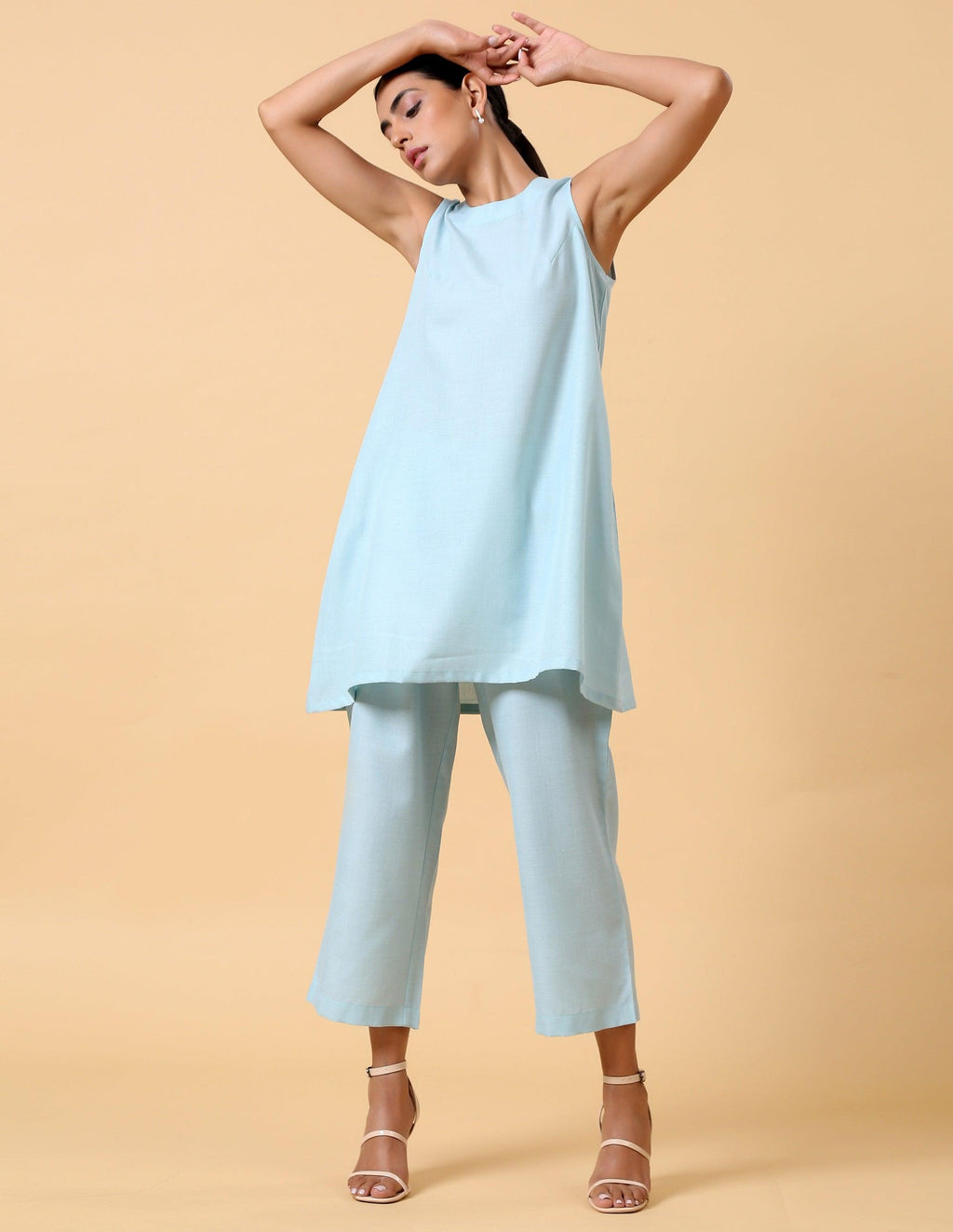 trueBrowns Cotton Linen Light Blue Sleeveless Co-Ord Set | Grocsy