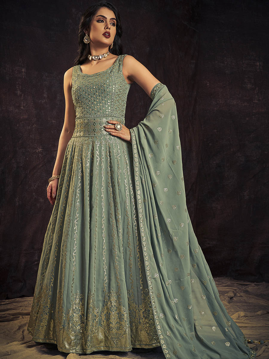 Myra Olive Real Georgette Designer Gown Style Suit | Grocsy