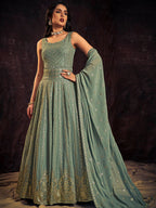 Myra Olive Real Georgette Designer Gown Style Suit | Grocsy