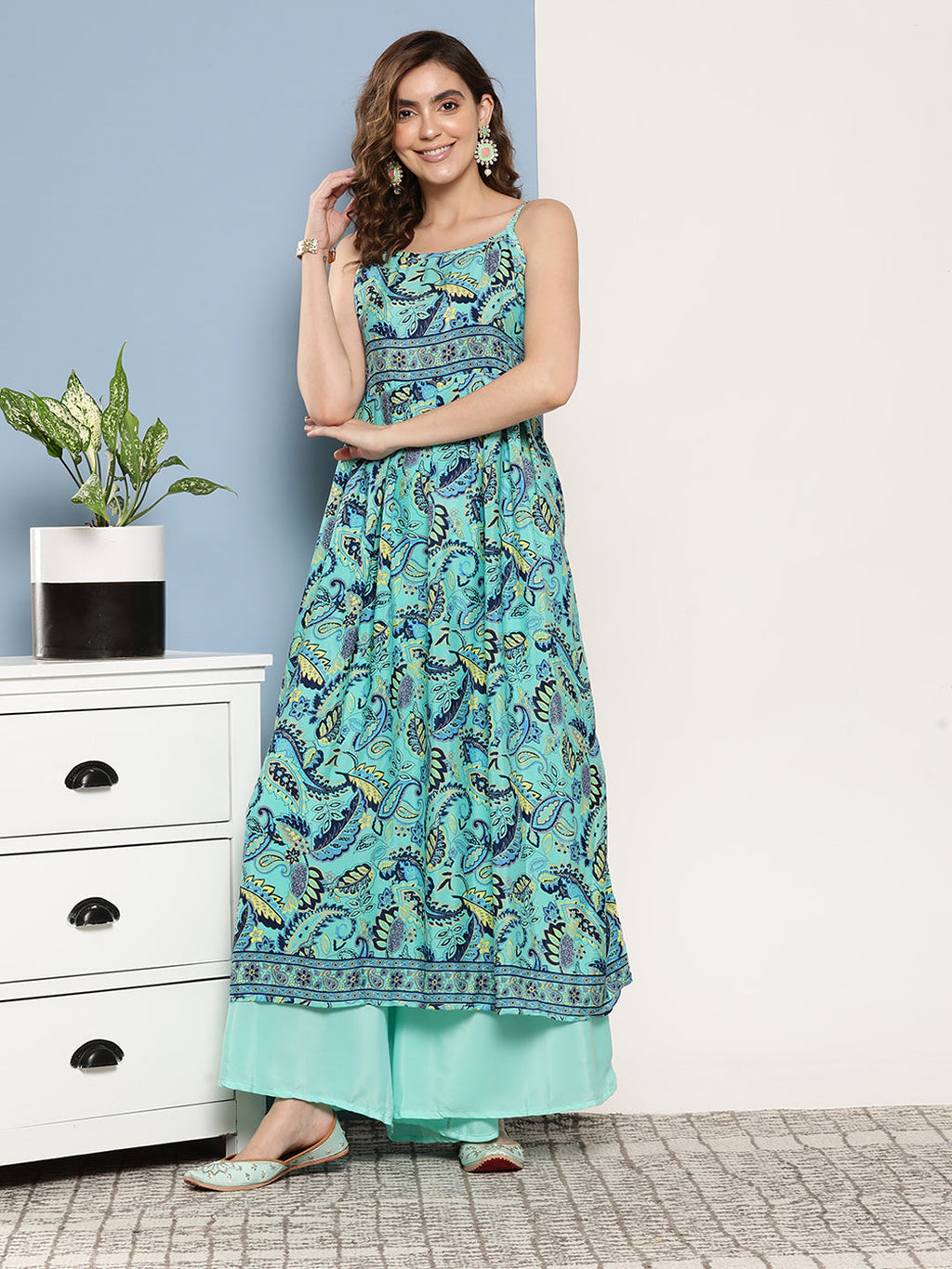 InWeave Women's Camelia Blue Pastel Print Strappy Kurta Set | Grocsy