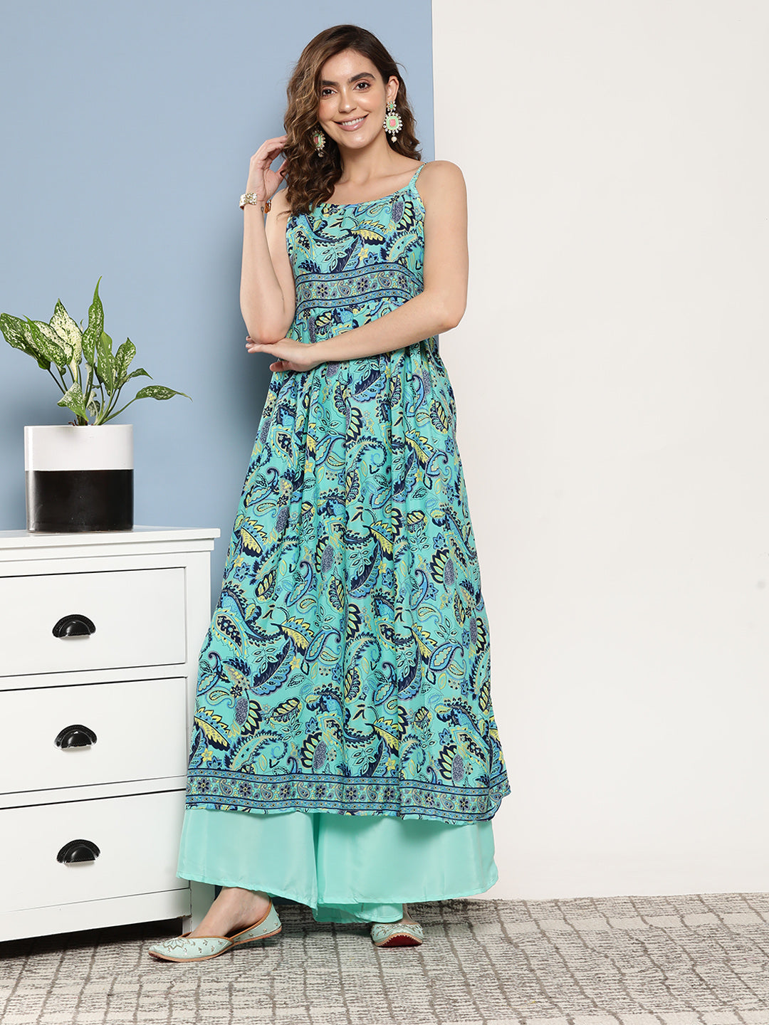 InWeave Women's Camelia Blue Pastel Print Strappy Kurta Set | Grocsy
